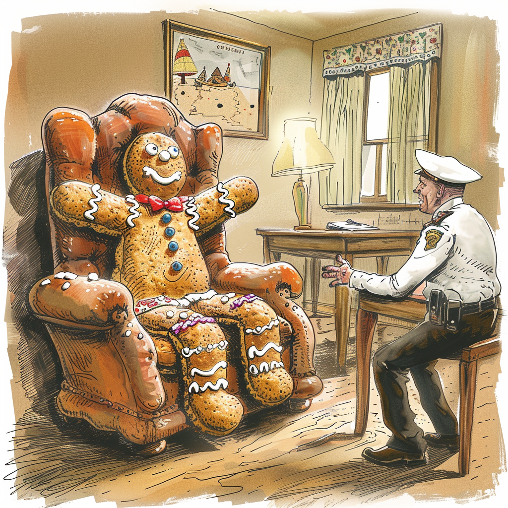 Gingerbread man on icing throne, man talks to police.