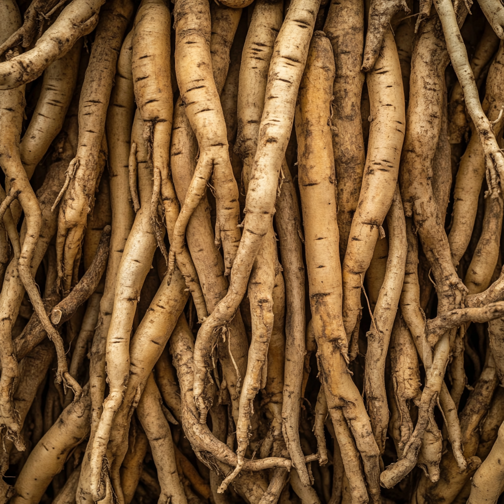 Ginseng roots in a beautiful, natural arrangement.