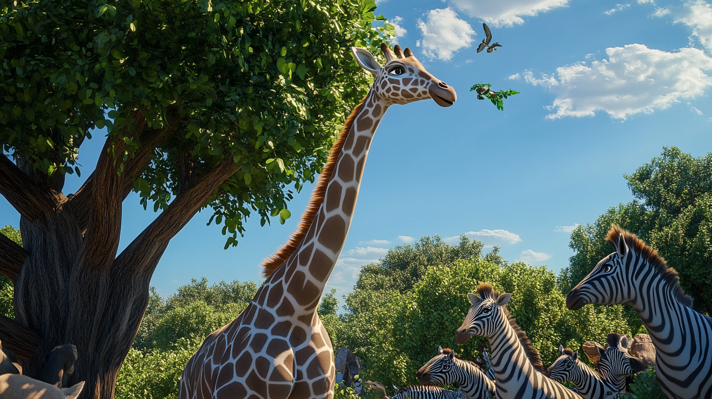 Giraffe eating leaves while other animals watch below.