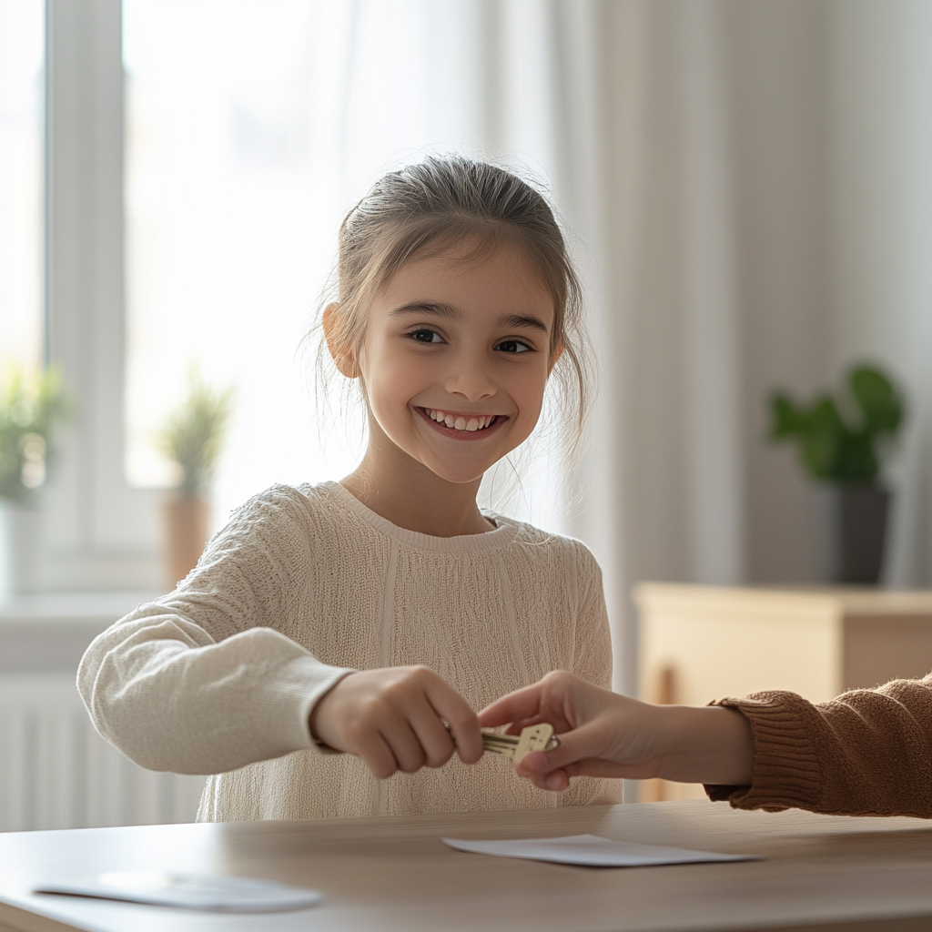 Girl Hands Key to Tenant in Bright Room