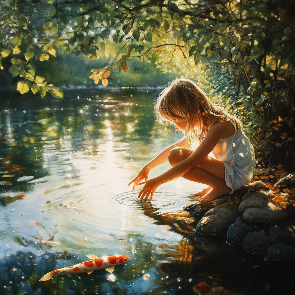 Girl Interacting with Koi Carp by a River