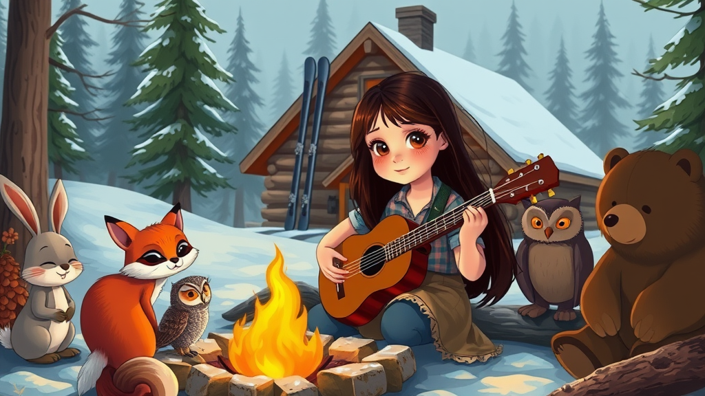 Girl Playing Guitar for Woodland Friends in Winter