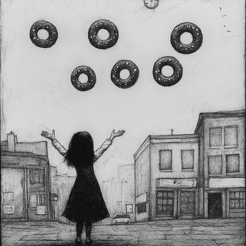 Girl Reaching for Donuts in Empty Street