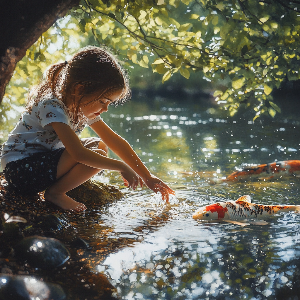 Girl Reaching for Koi Fish near River under Oaktree