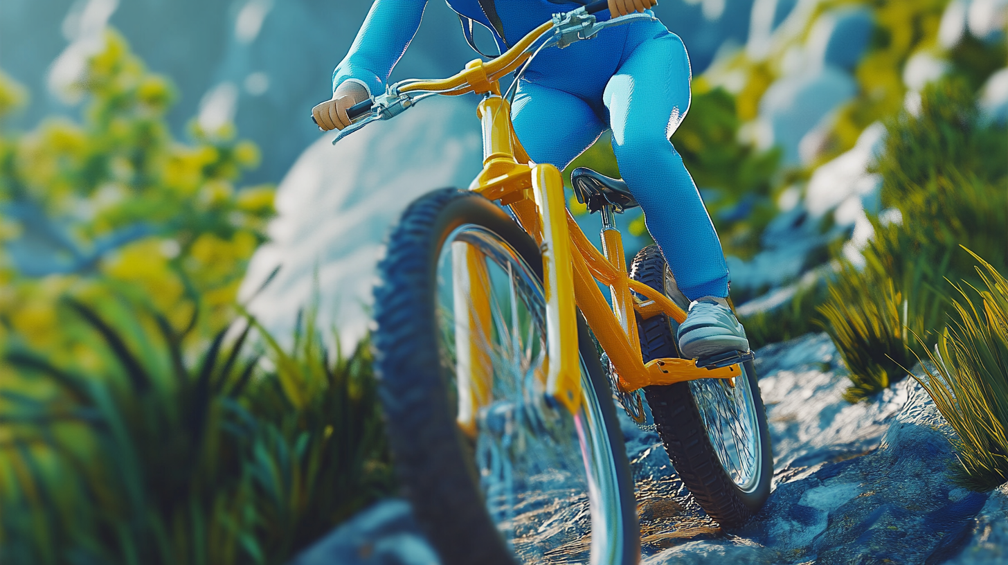 Girl Riding Yellow Mountain Bike Uphill