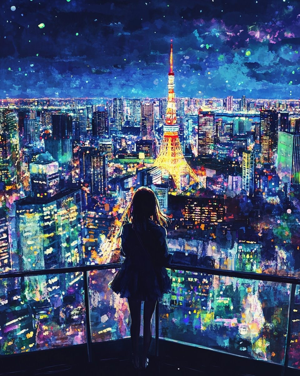 Girl admires Tokyo Tower night view, glittering and beautiful.