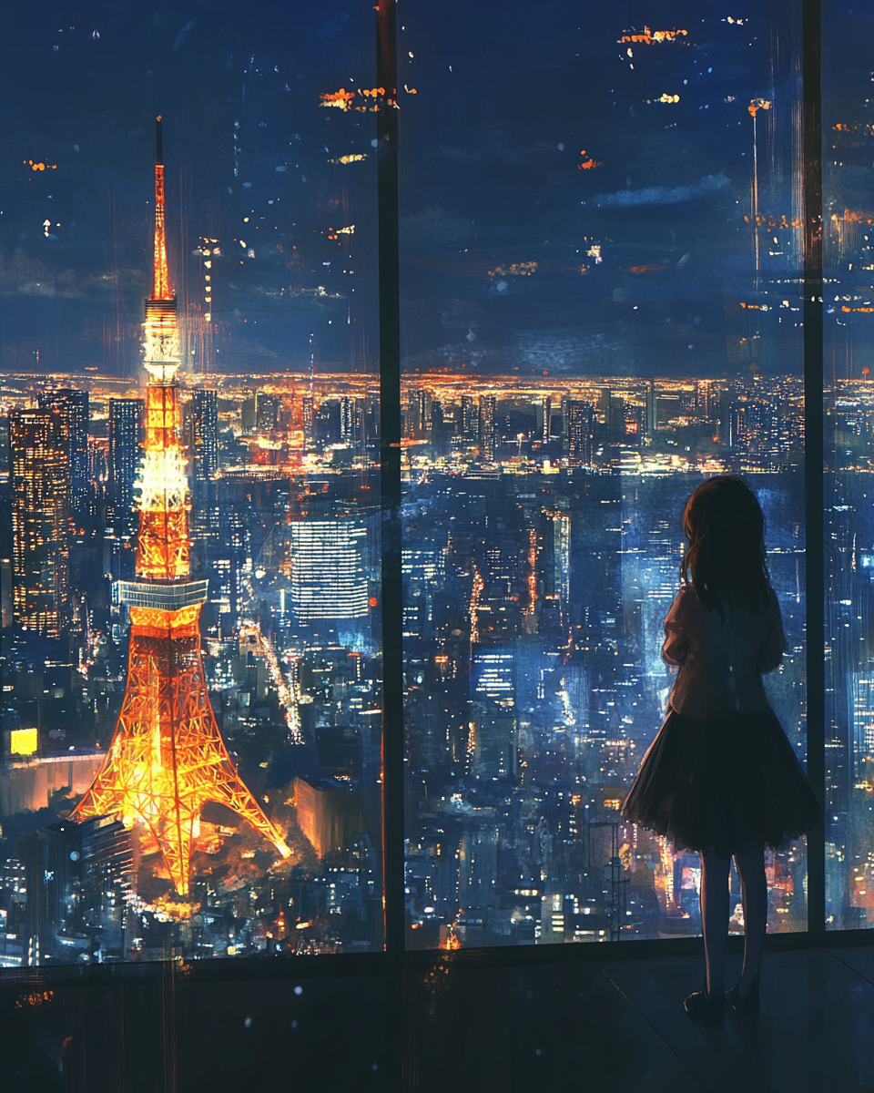 Girl admires Tokyo Tower night view- beautiful scenery.