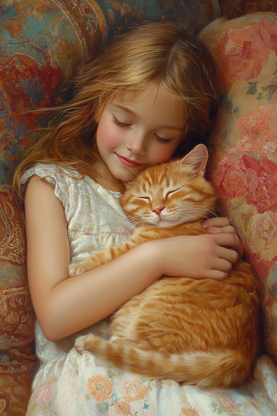 Girl and kitty cat snuggling, showing special bond.