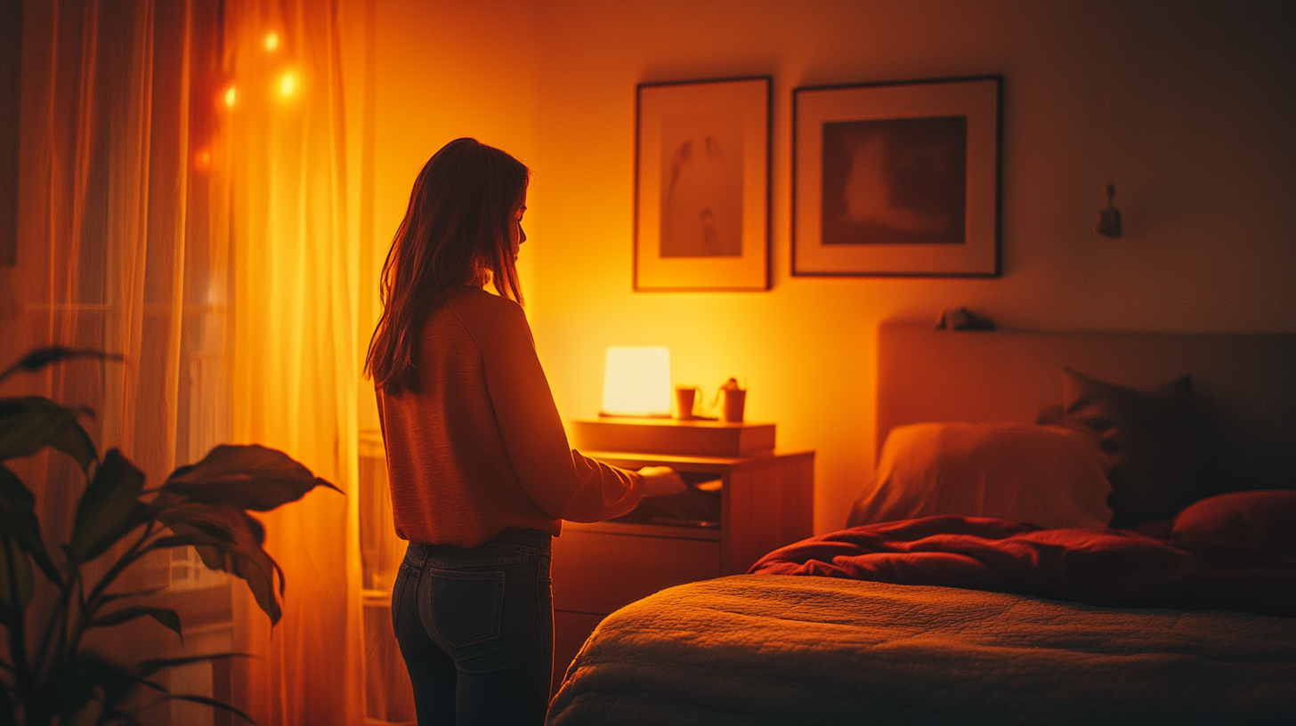 Girl arranging nightstand in cozy bedroom with warm colors.