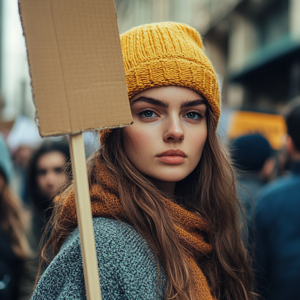 Girl at protest with square sign hyperrealism poster.