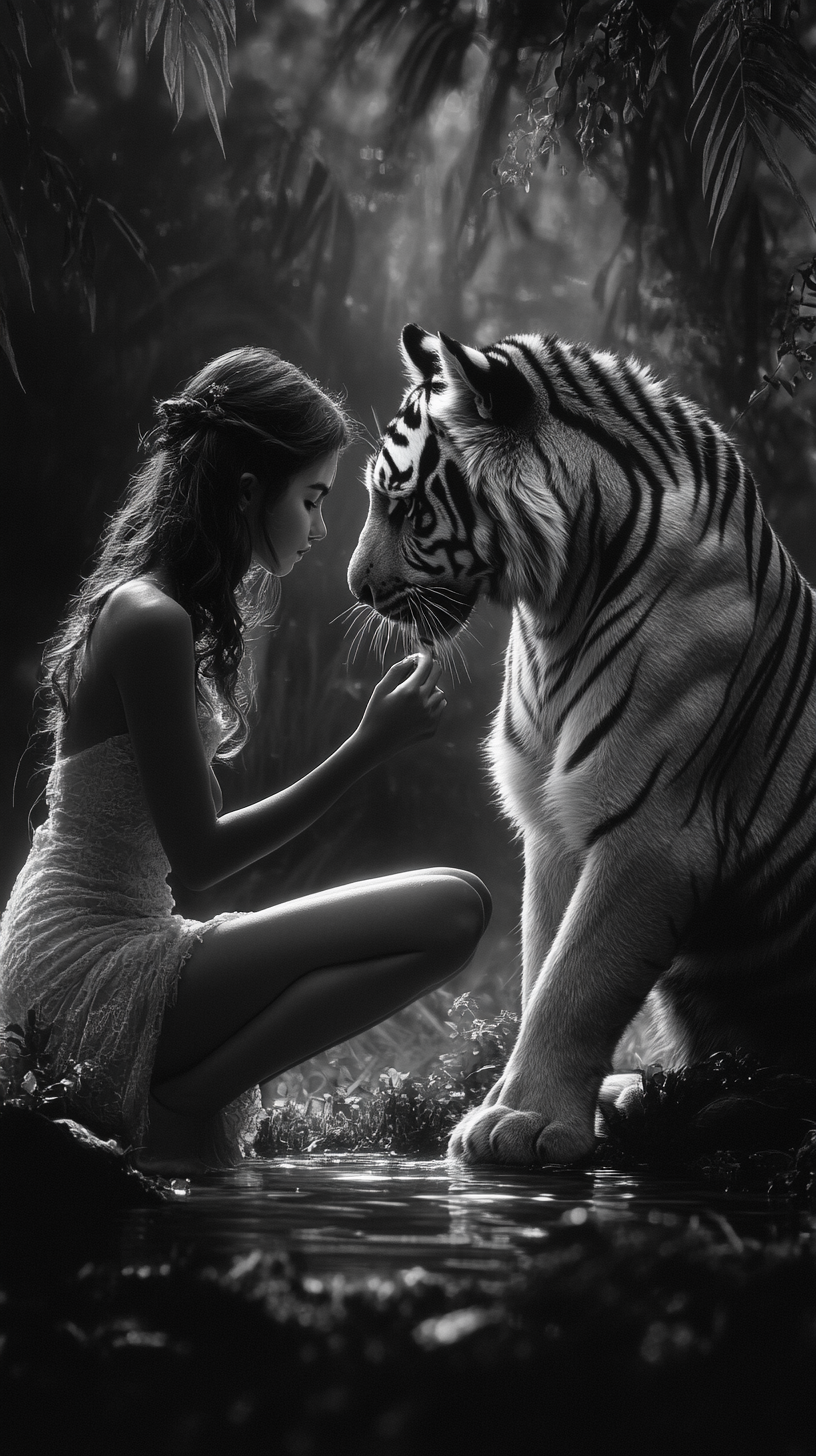 Girl brushes tiger's fur at dusk, strong bond shown.