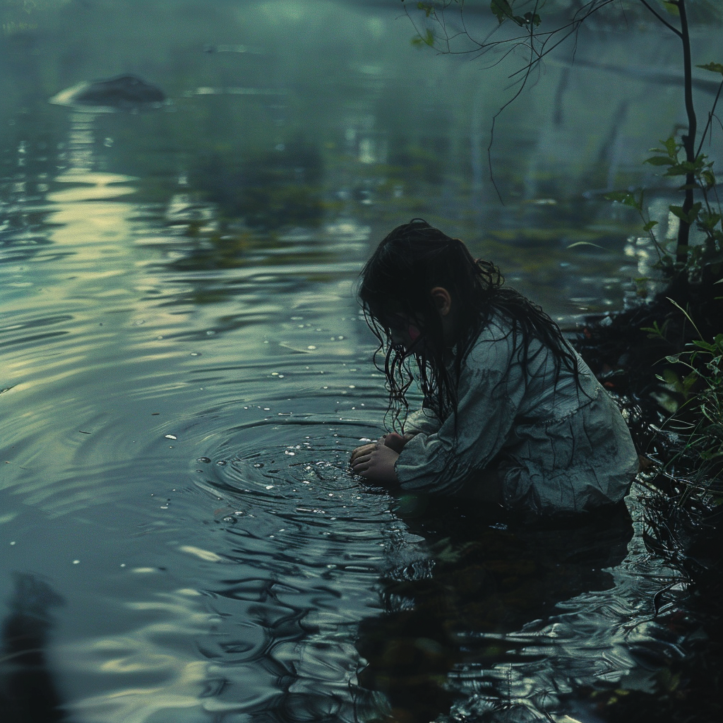 Girl by murky river, tense face, subtle ripple below.