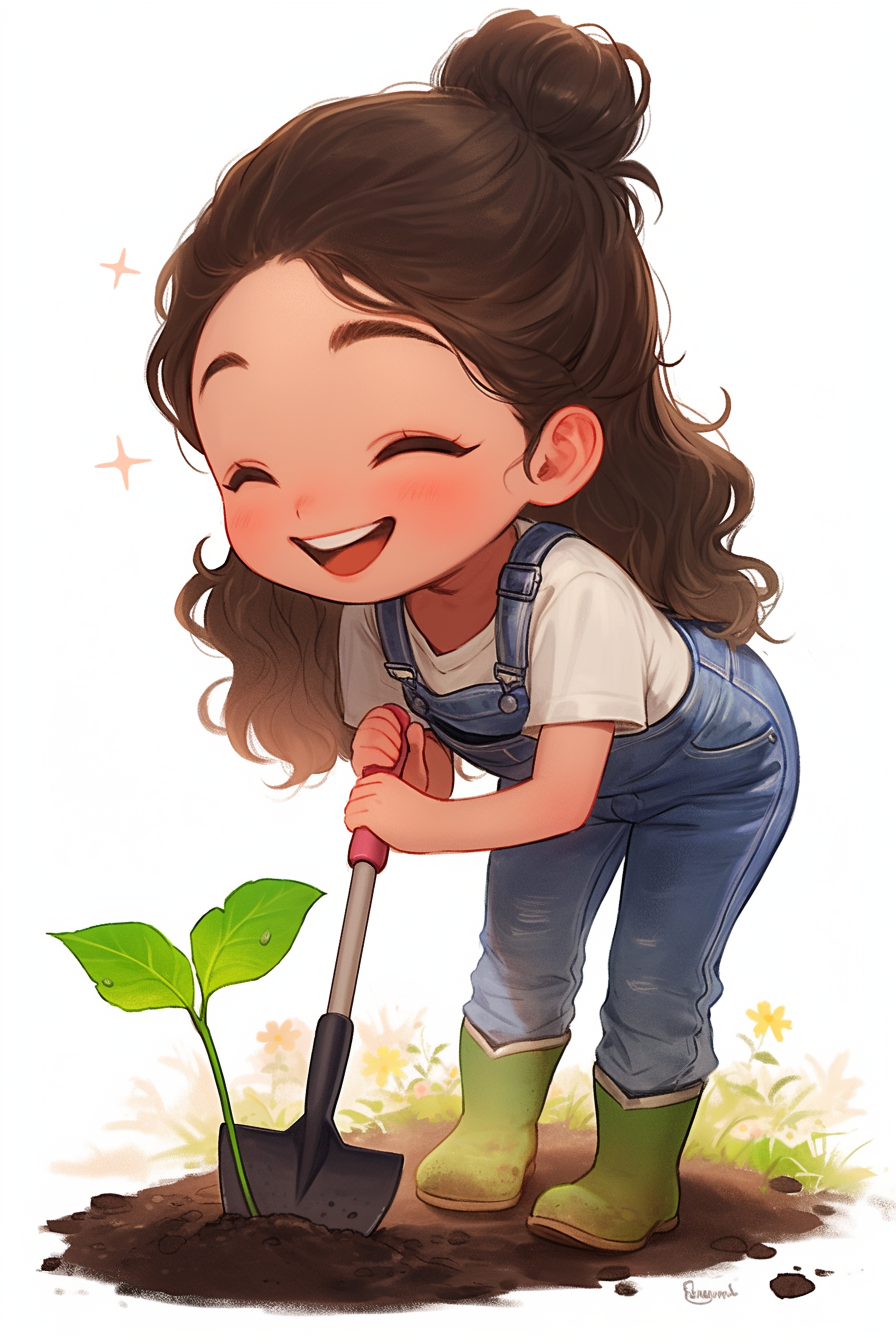 Girl in Kawaii Style Tilling Soil for Plants