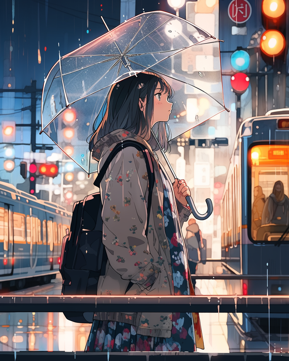 Girl in Tokyo bus stop, anime style, city view.