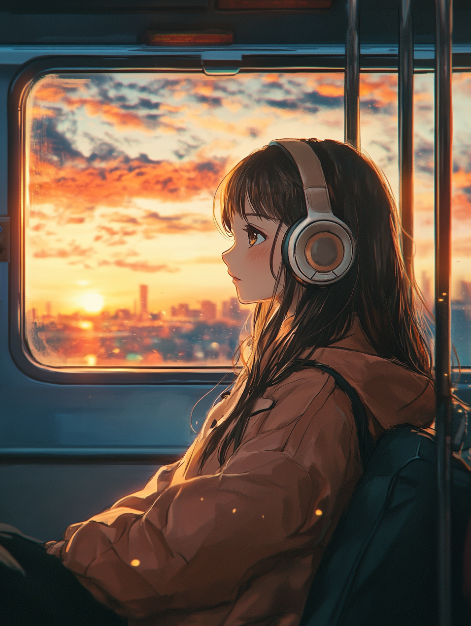 Girl in anime style with headphones on train.