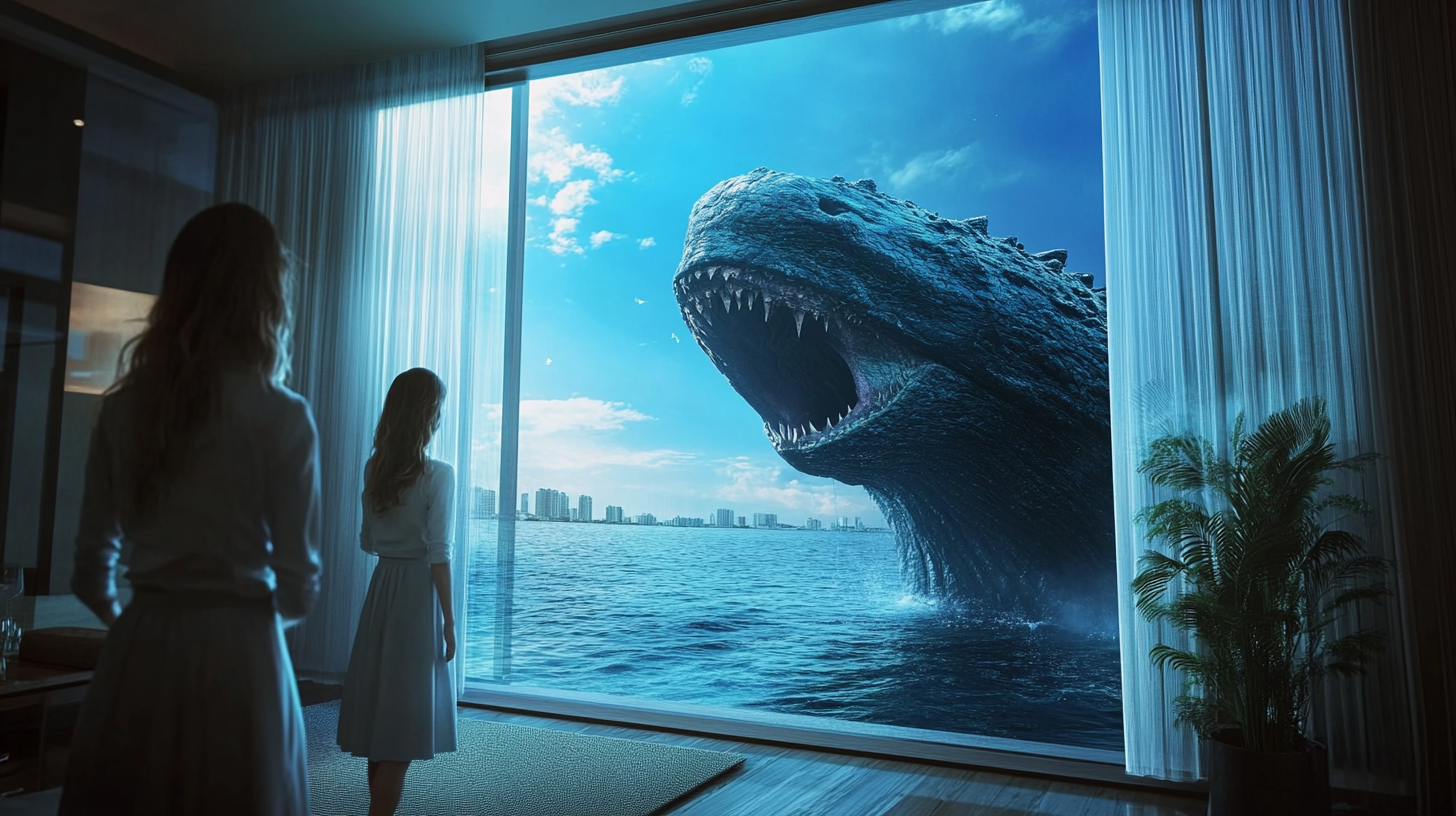 Girl in balcony sees sea monster, gets shocked.