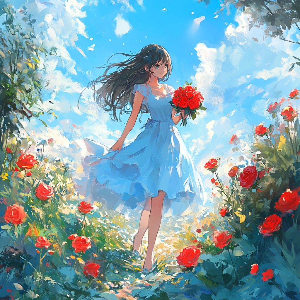 Girl in blue dress holding roses in flower garden.