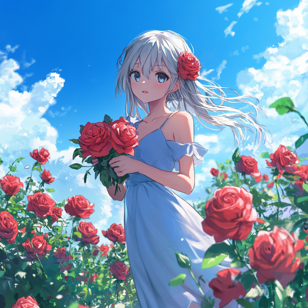 Girl in blue dress with red roses in garden.