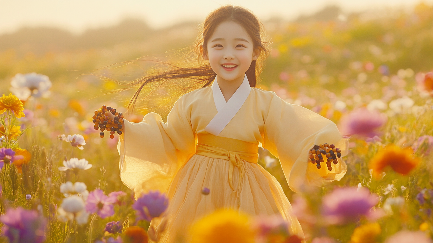 Girl in bodhisattva costume dances joyfully in flower field.