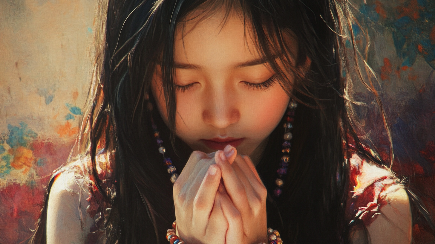 Girl in calming scene, black hair, wearing bracelet.