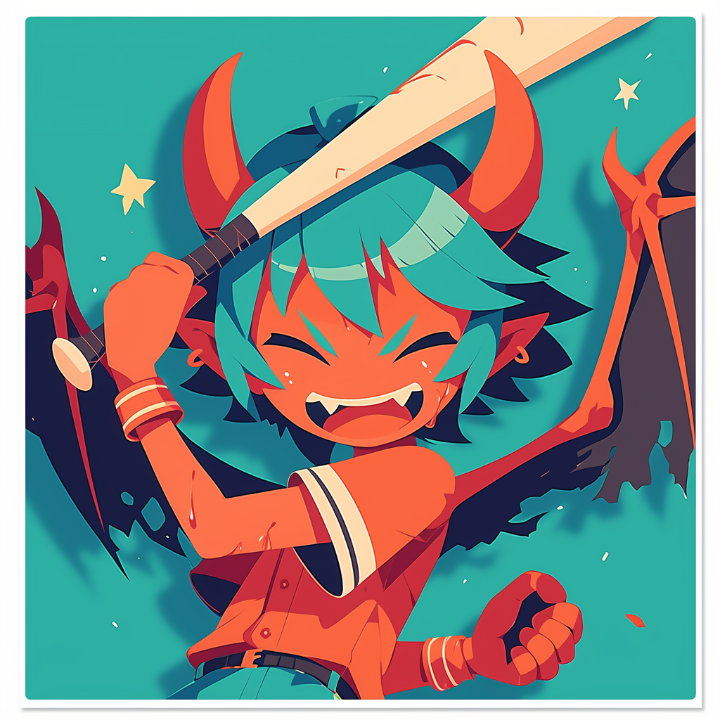 Girl in devil costume as baseball player smiles.