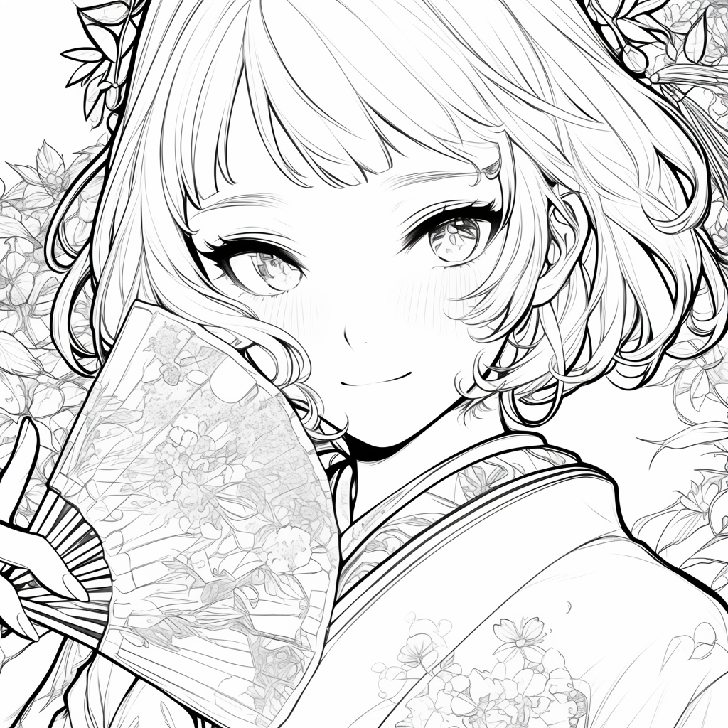 Girl in kimono smiles in Japanese garden coloring book.