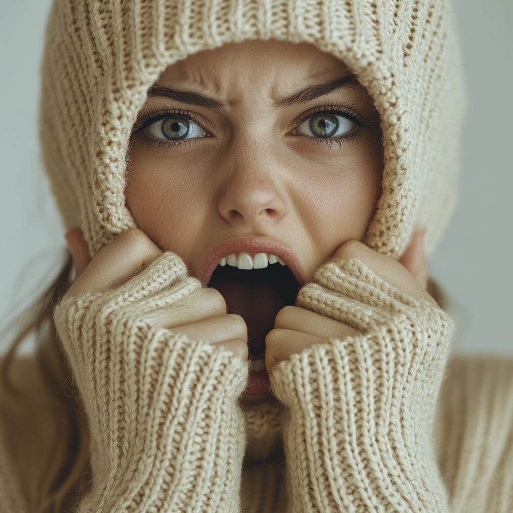 Girl in light balaclava stretching mouth wide showing teeth.