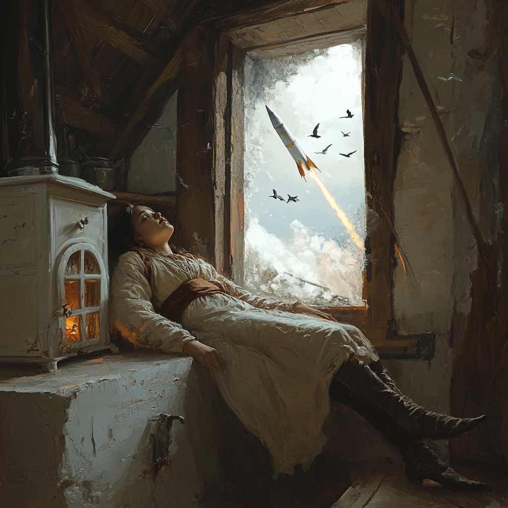 Girl in peasant outfit in old hut room looks out window where swallows fly. Rocket launches in sky.