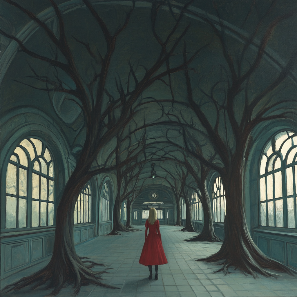 Girl in red dress in old train station with trees