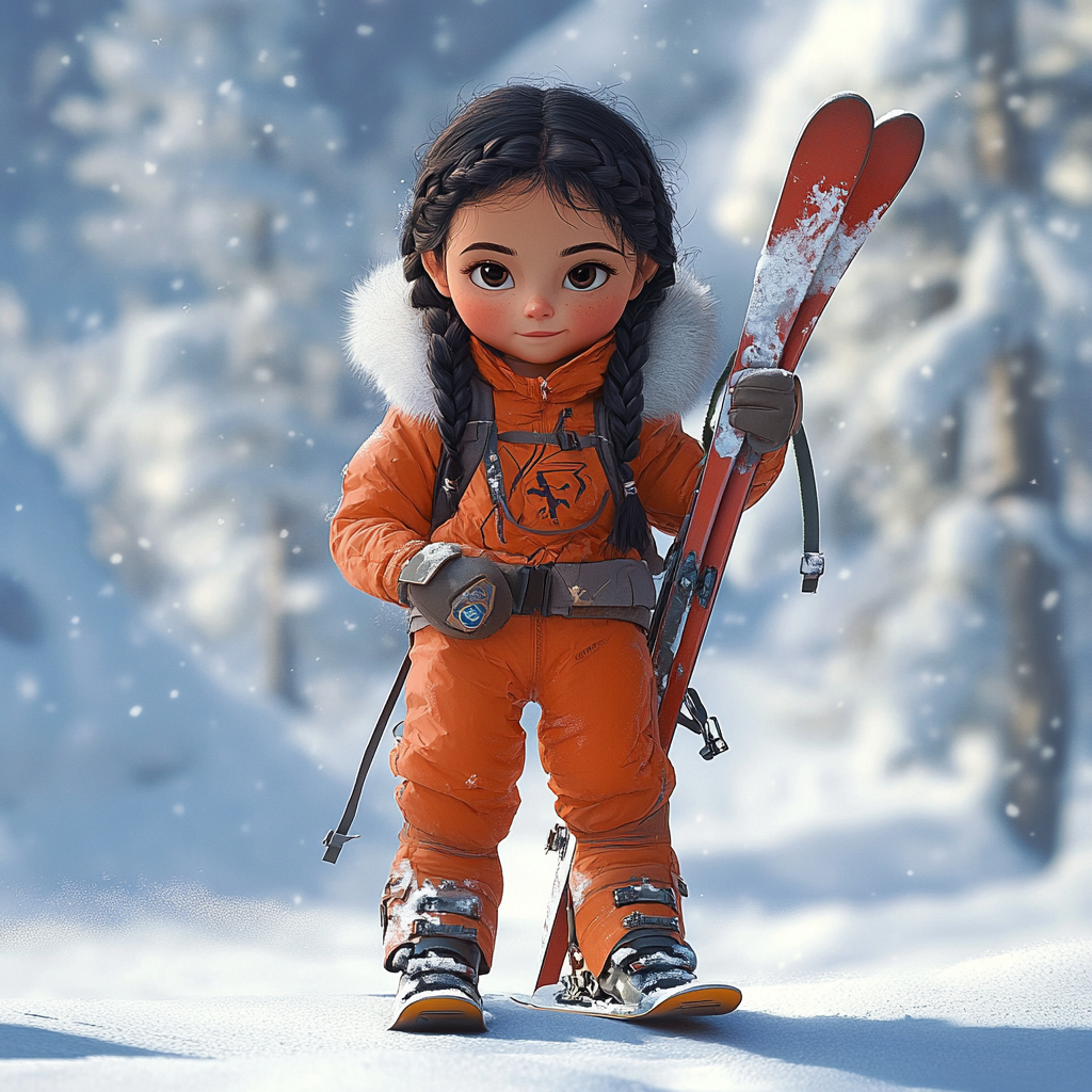 Girl in ski suit with braided hair holding skis.