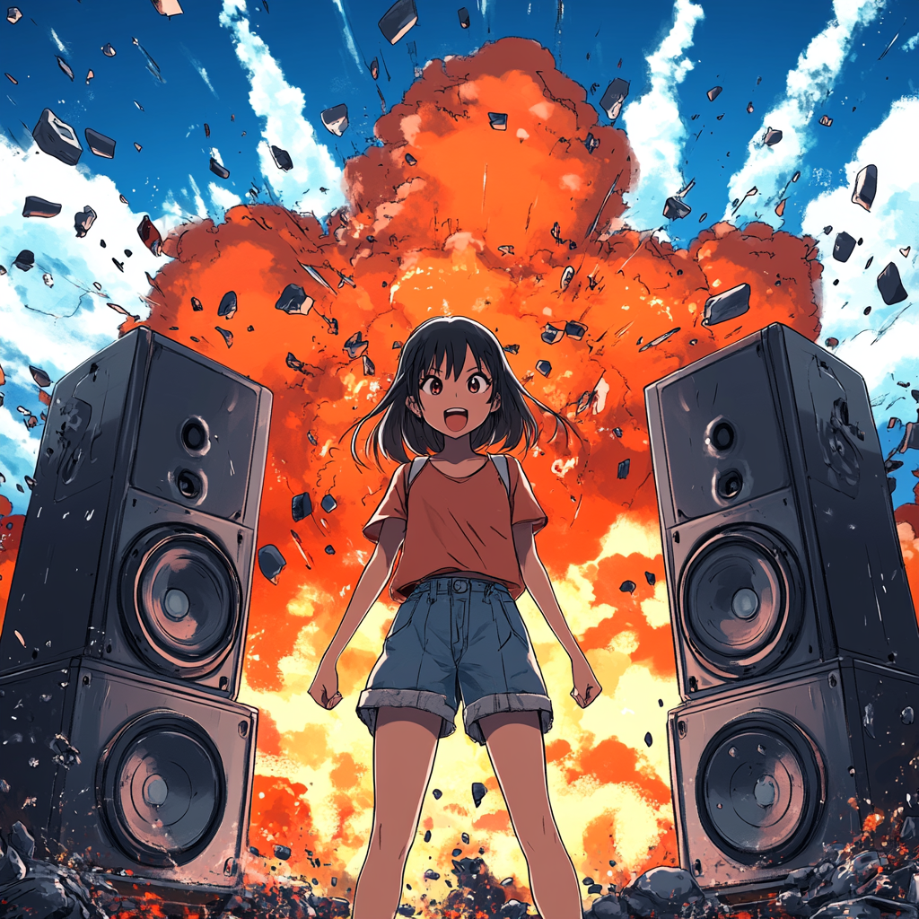 Girl in style of Japanese cartoon with speakers & explosion