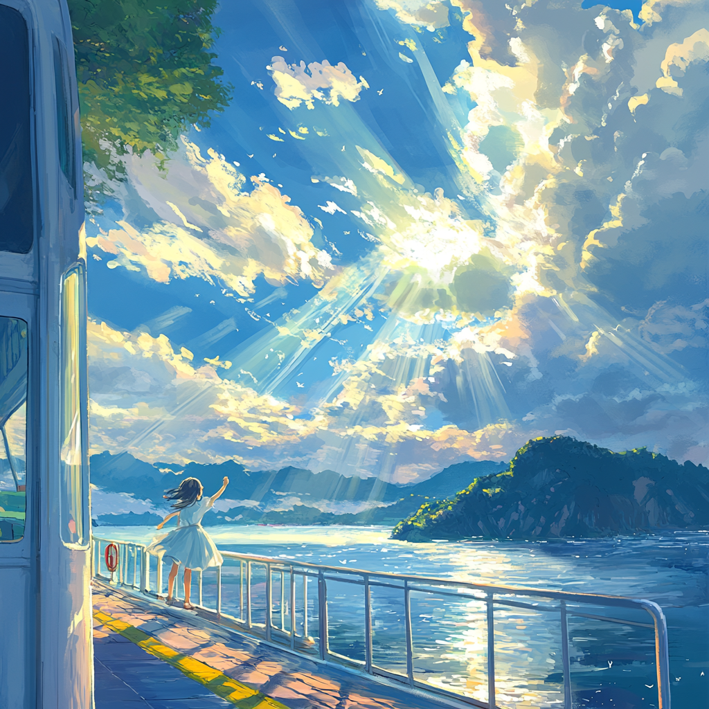 Girl on ferry in Washington state, whimsical Ghibli-like scene.