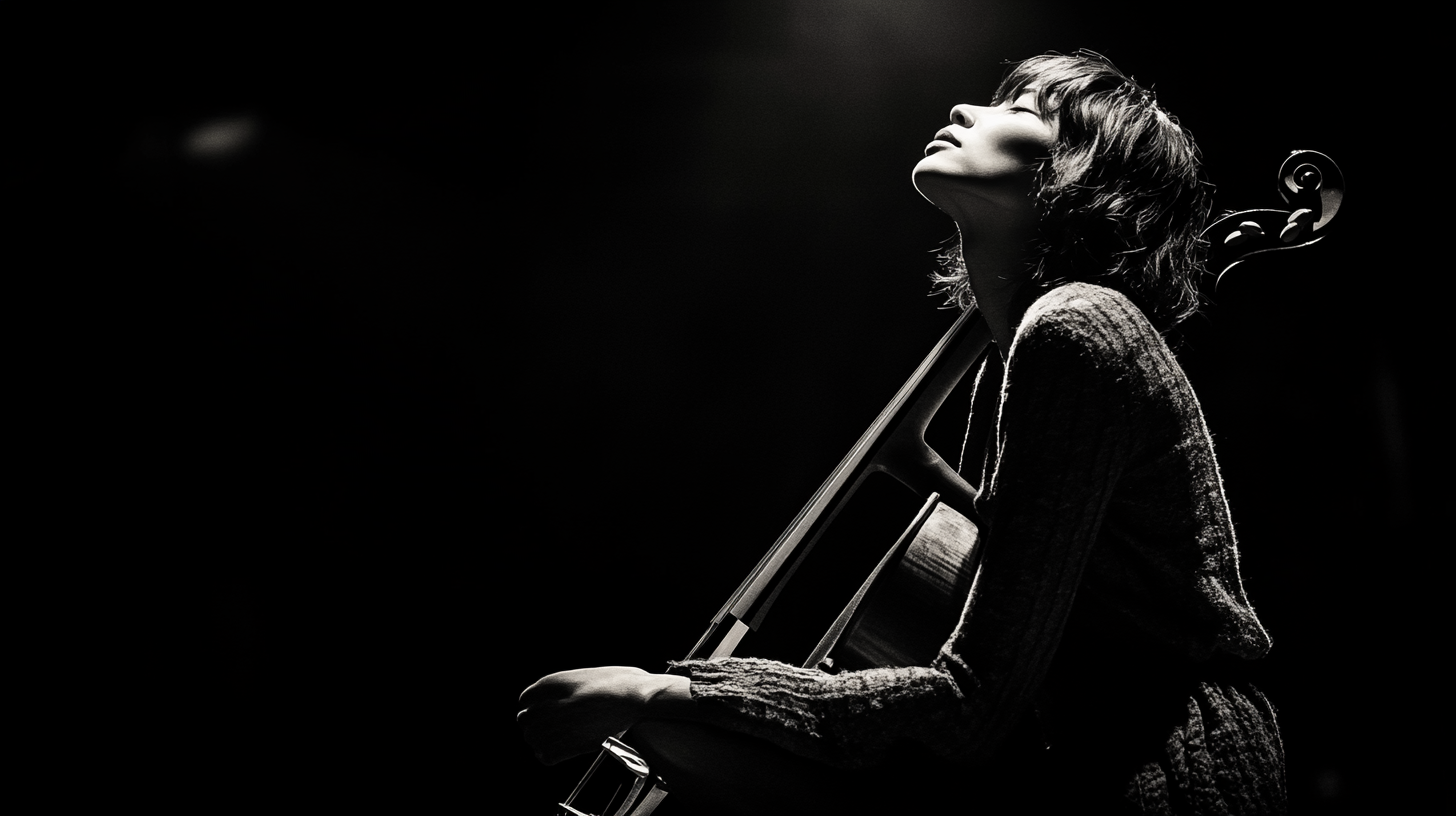 Girl playing cello in dim light