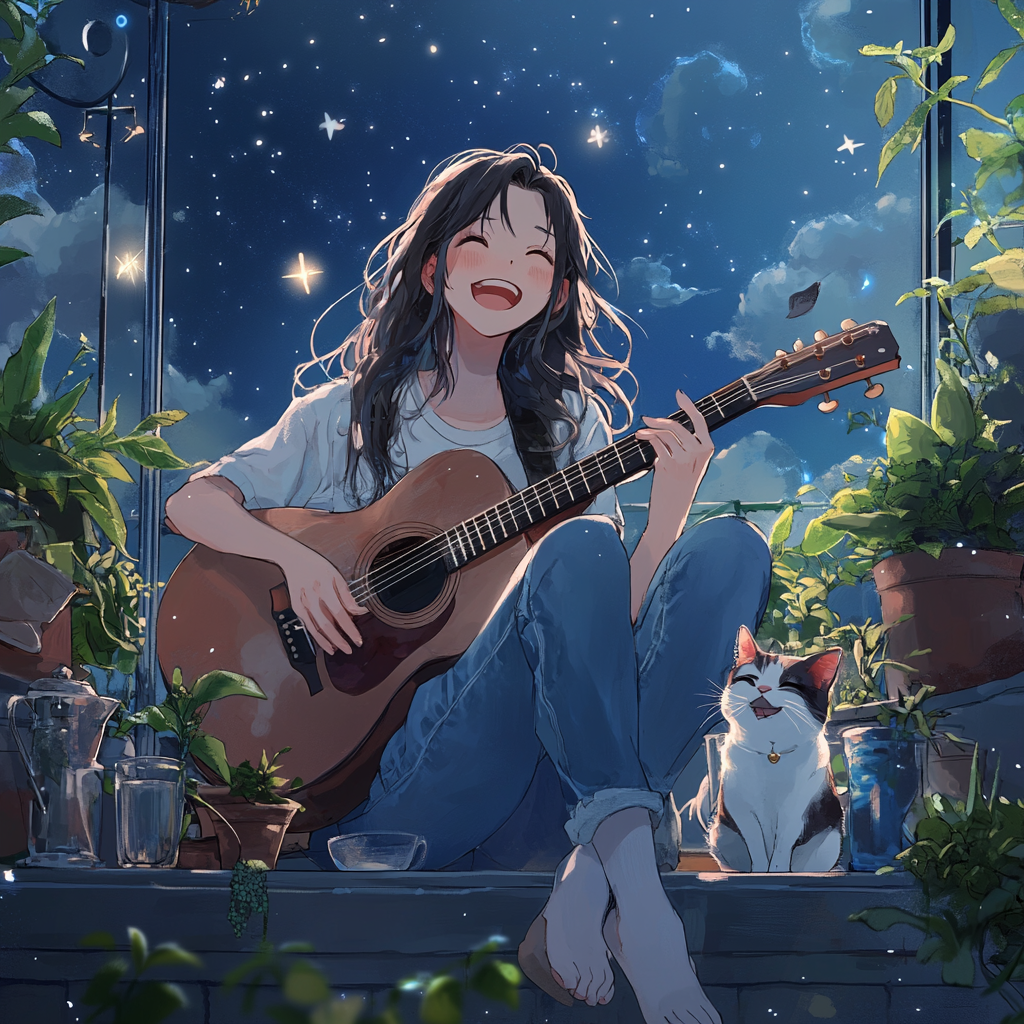 Girl playing guitar on balcony with cat, stars in sky.