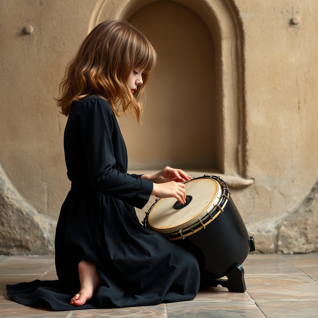 Girl playing handpan in black dress with waves.