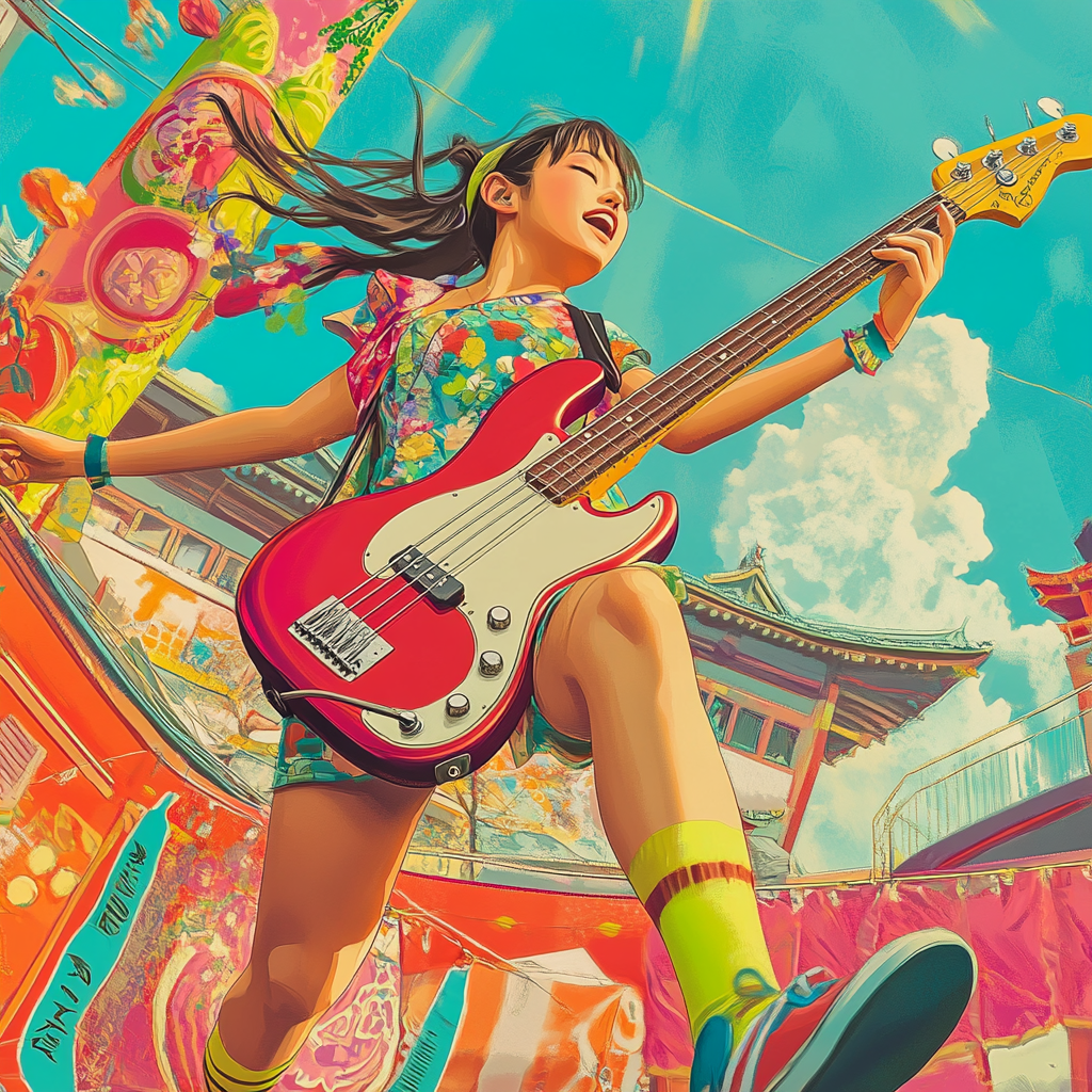 Girl plays electric guitar at lively Japanese festival