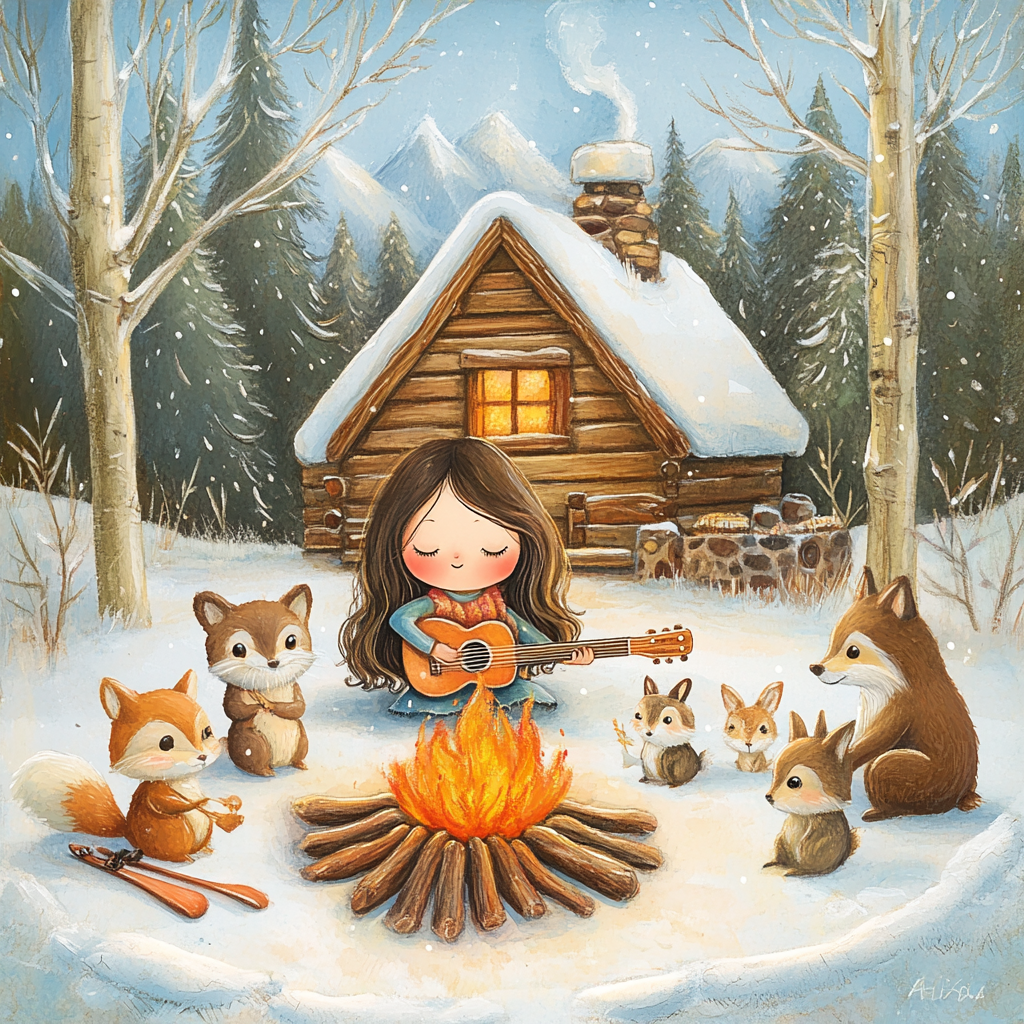 Girl plays guitar for woodland friends by cabin in snow