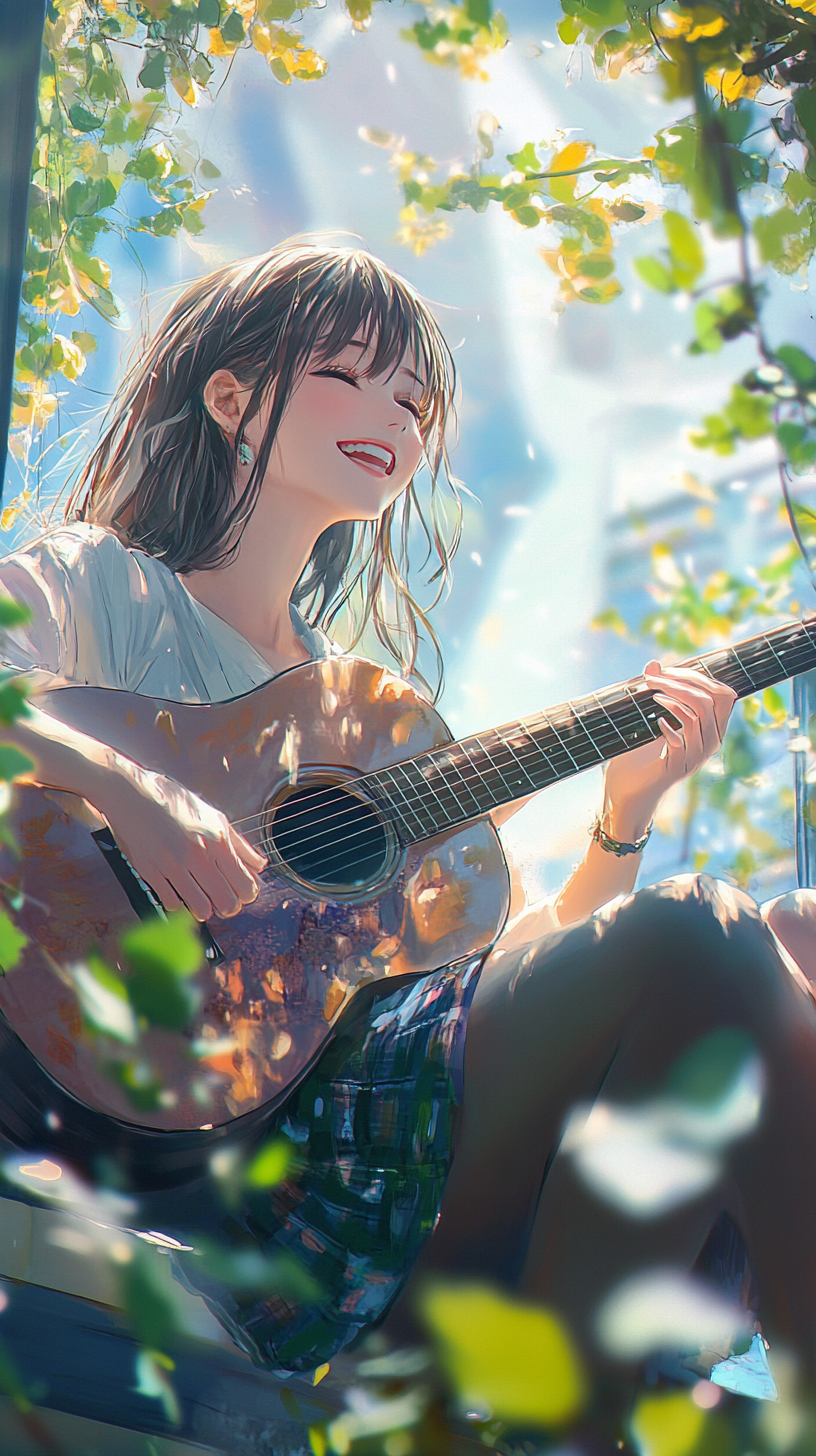 Girl plays guitar on balcony, smiling under sunny sky.