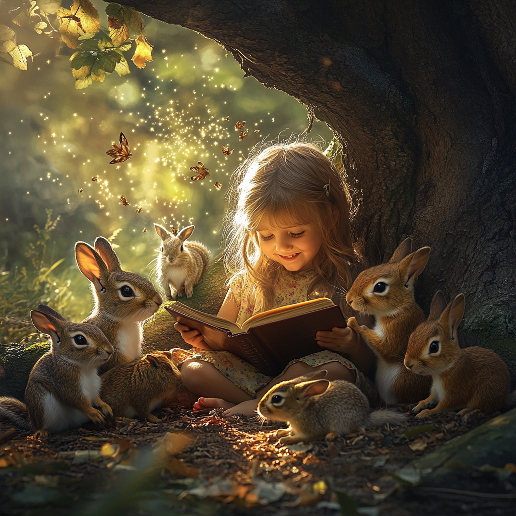 Girl reading book under tree surrounded by animals and dust.