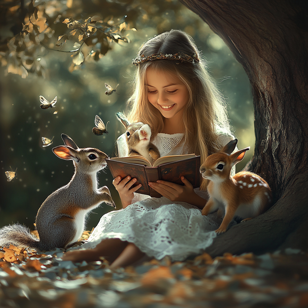 Girl reading book under tree with forest creatures fascinated