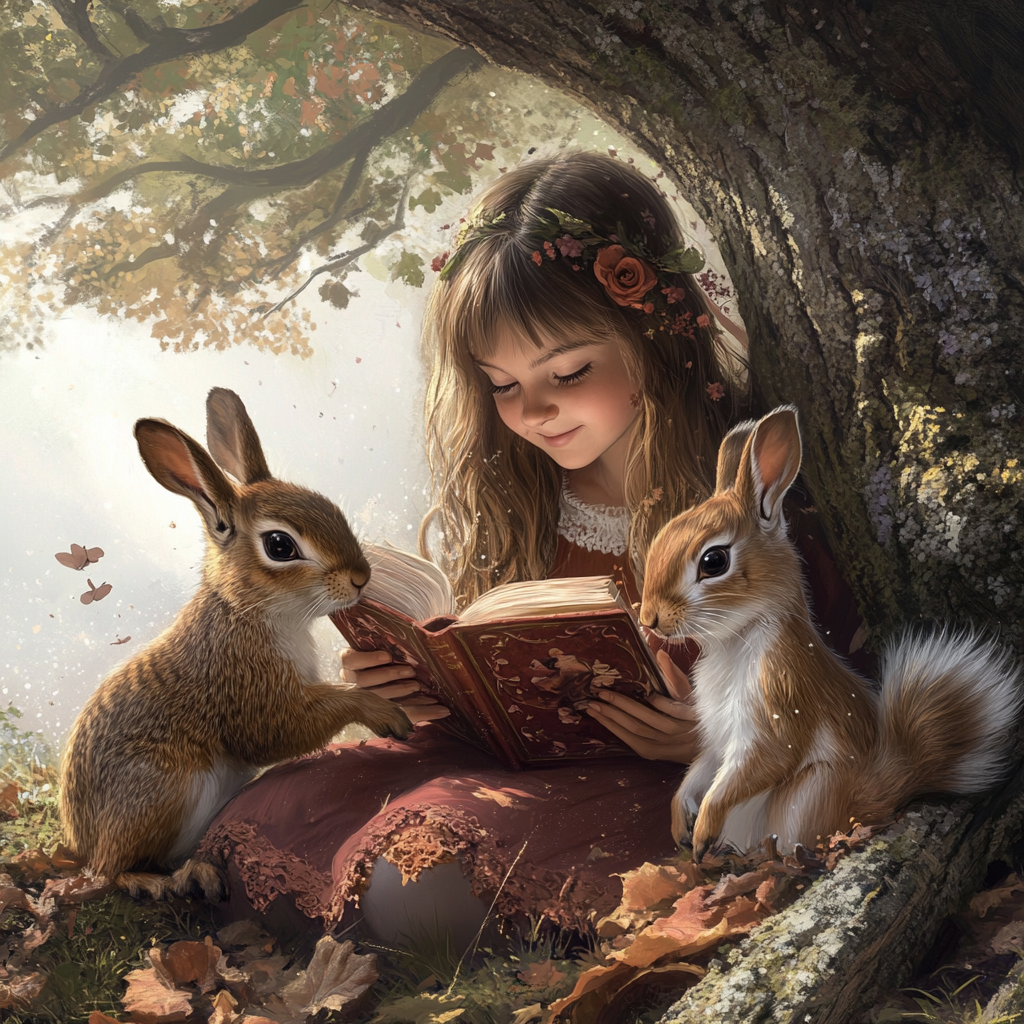 Girl reading book under tree with forest friends.