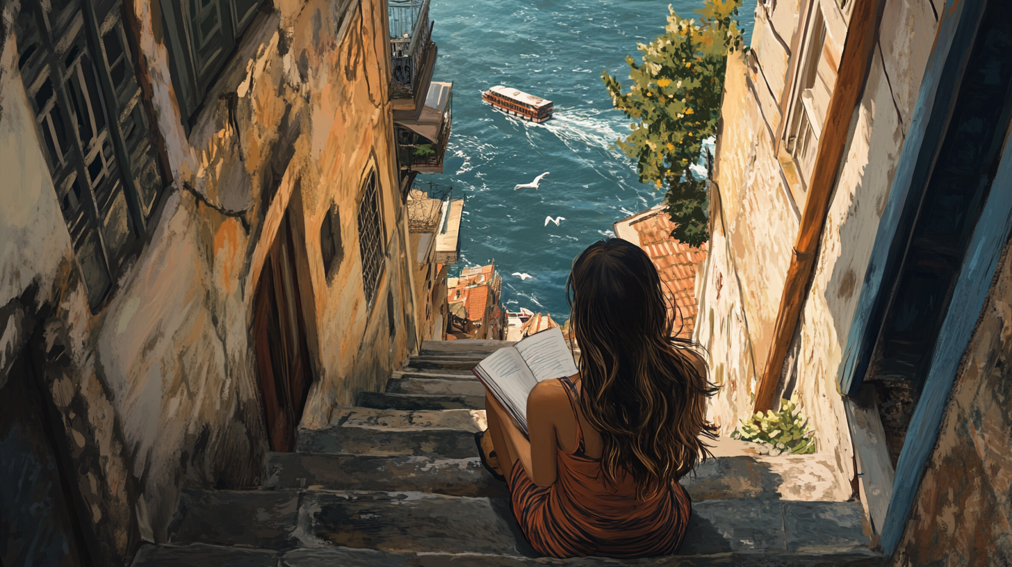 Girl reading on Istanbul stairs overlooking Bosphorus