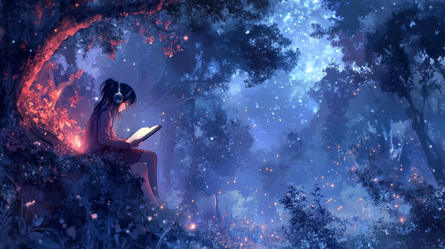 Girl reads book in magic forest at night.