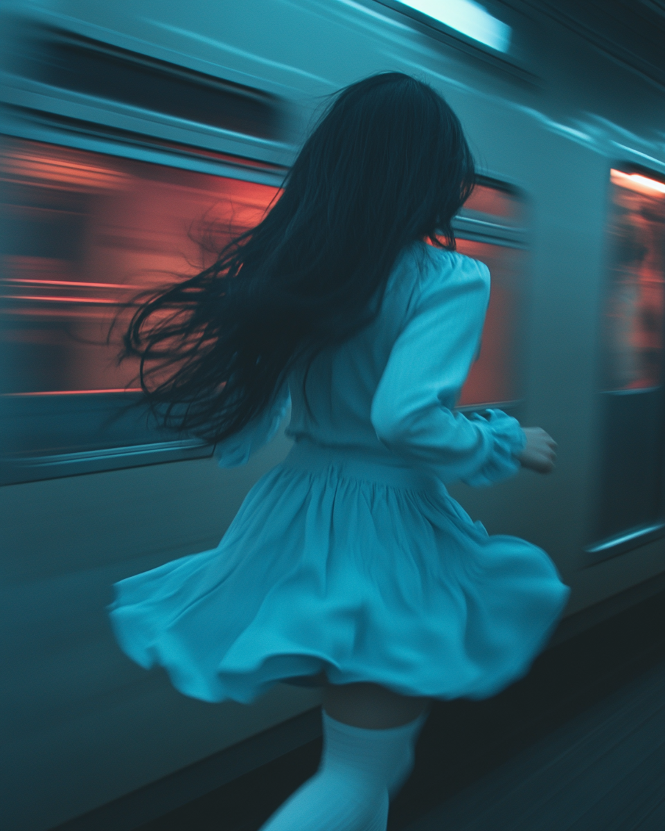 Girl running in front of train with long hair.