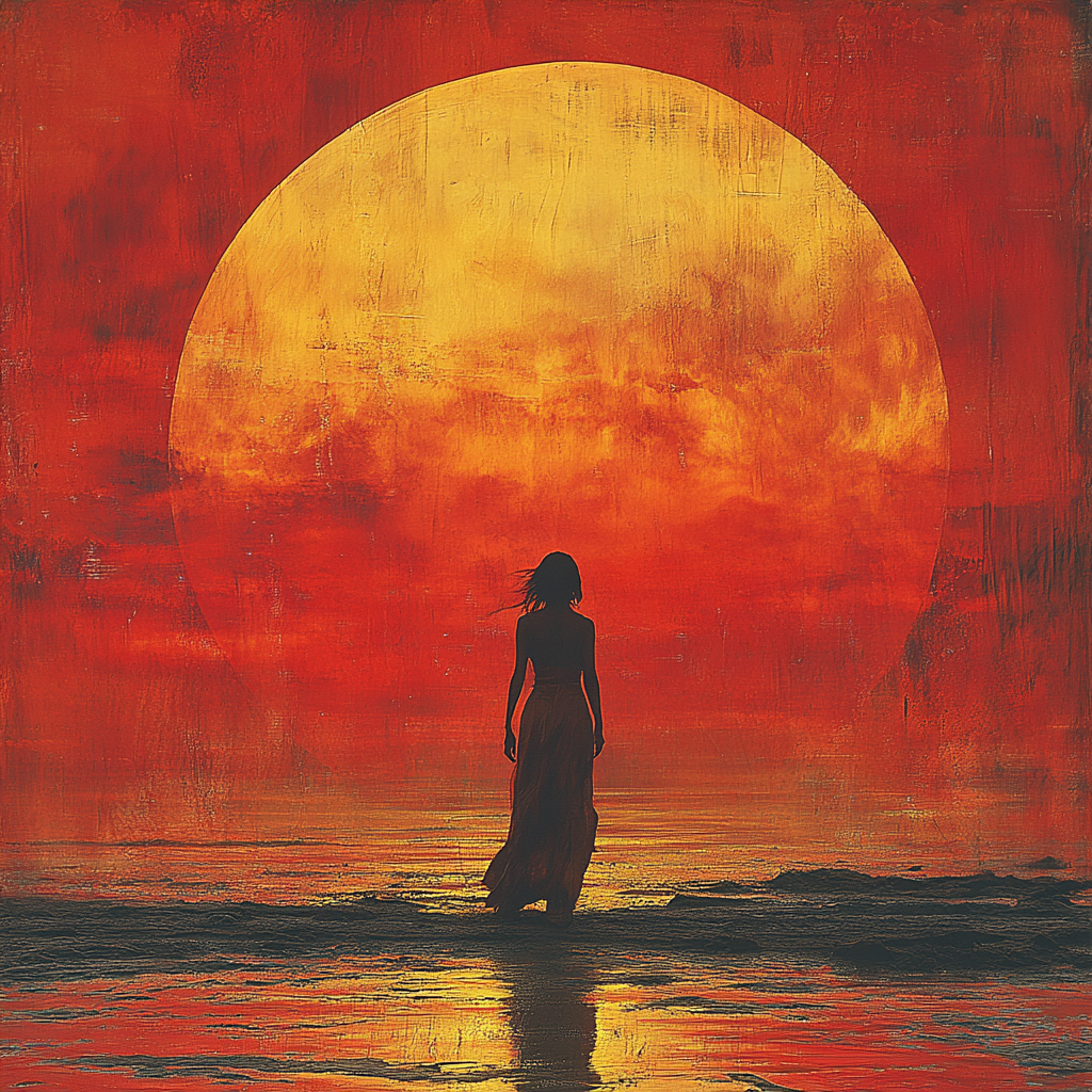 Girl silhouette walking in vibrant sunset, mysterious atmosphere.