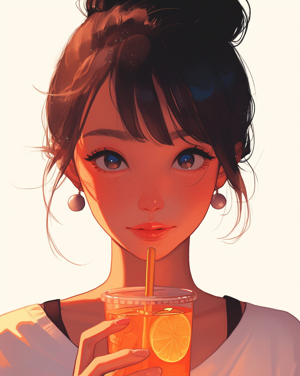 Girl sipping tea with orange straw, serene expression.