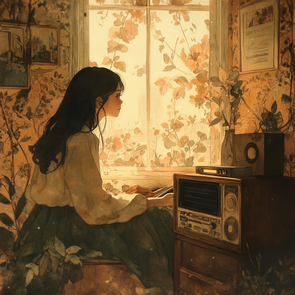 Girl sits by vintage radio in cozy room.