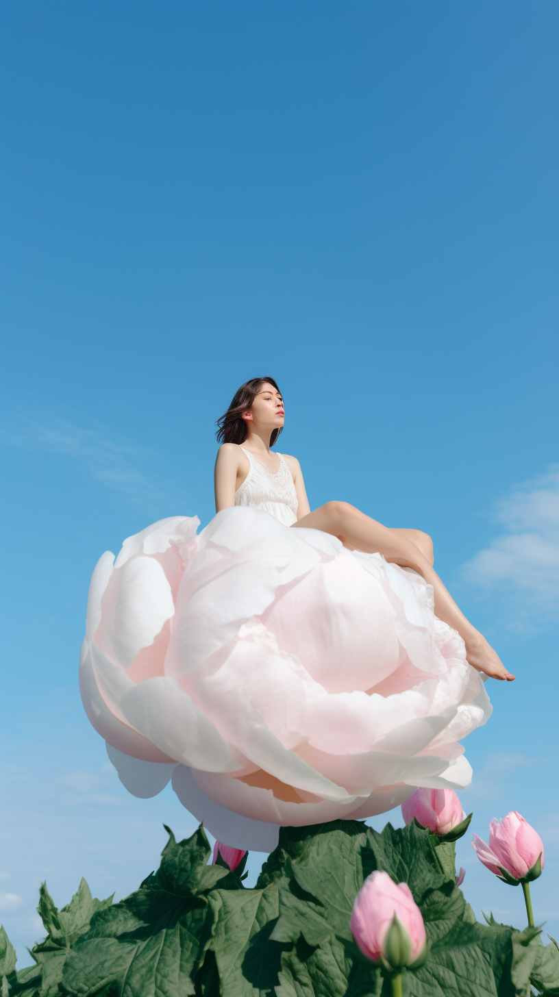 Girl sits on giant peony with pink petals outdoors.