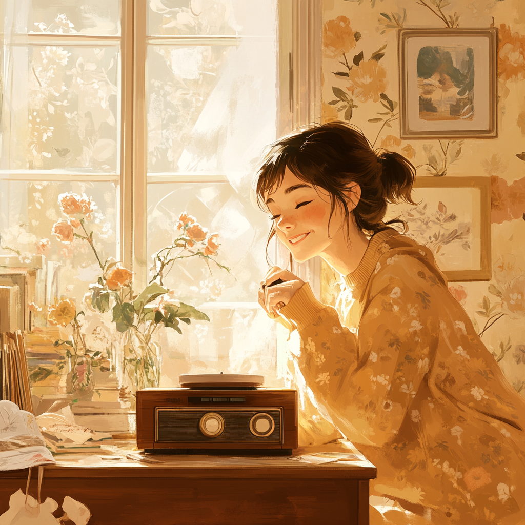 Girl sitting by vintage radio in cozy room.