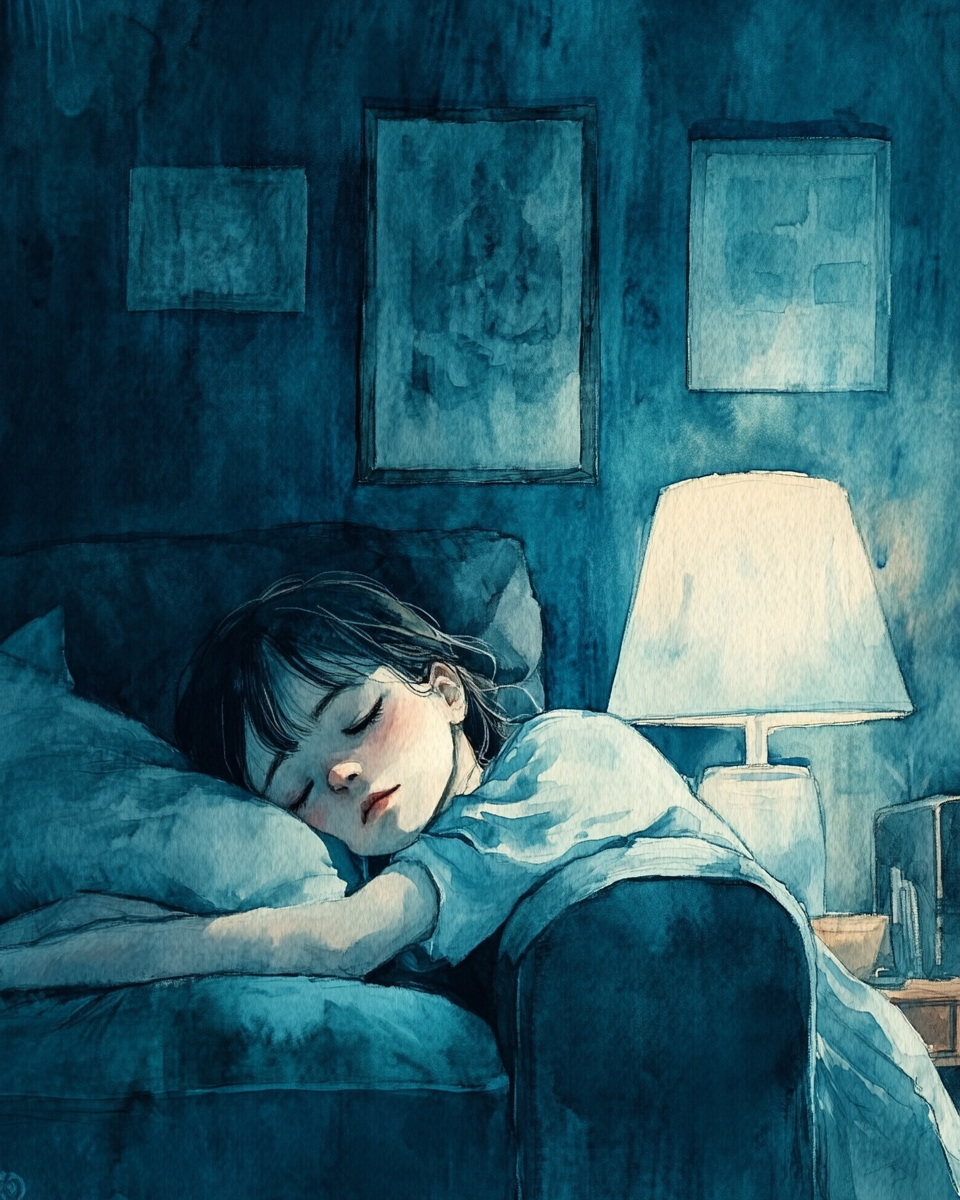 Girl sleeping on sofa in dimly lit room.